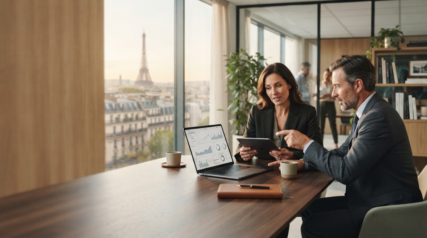 signaux-IA — tablette affichant des graphiques financiers en gros plan sur un bureau en bois